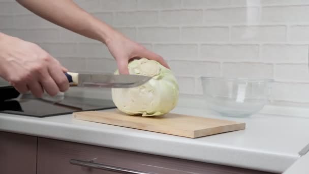 Corta la col en la mesa, las manos de los hombres prepara ensalada de col en casa — Vídeo de stock