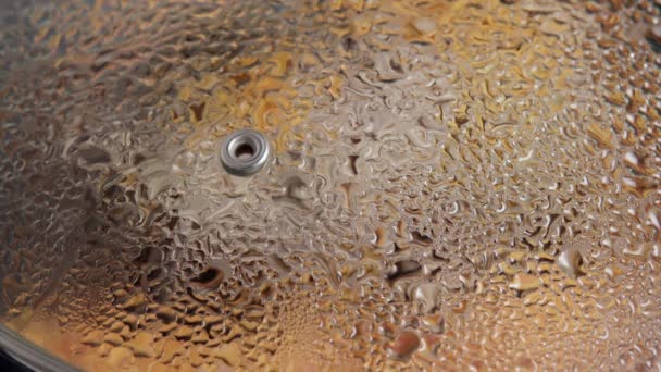 Капли воды образуются под крышкой кастрюли во время приготовления овощного рагу — стоковое видео