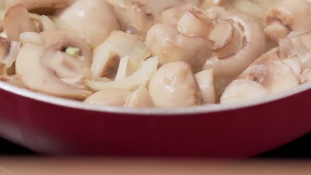 Cuisson des champignons frits close-up. focus sélectif. — Video