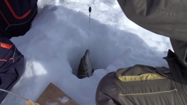 Pesca do pique de pesca de inverno no lago de inverno. foco seletivo — Vídeo de Stock