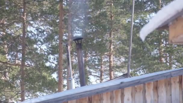 Fumaça da chaminé da casa da floresta. Aquecimento cabana de madeira de inverno no frio. foco seletivo — Vídeo de Stock