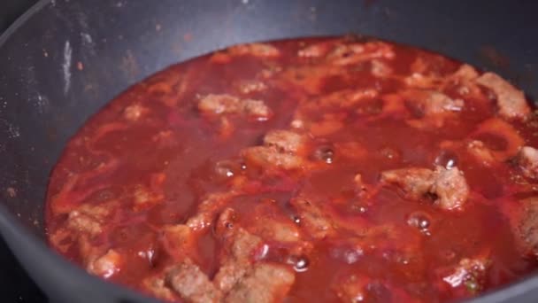 Cozinhar carne de vaca perto em molho de tomate. Espuma proveniente de carne fervente. câmara lenta. — Vídeo de Stock