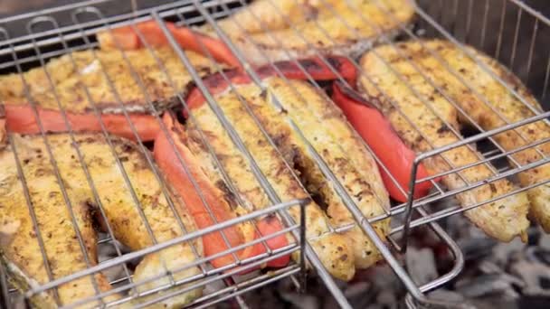 Salmão cozinhando na grelha. peixe de salmão com vários verduras em uma grelha flamejante — Vídeo de Stock