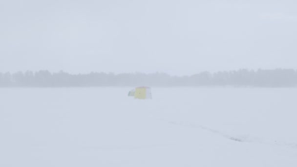 冰湖和森林在冬季被大雪和恶劣的天气所覆盖 — 图库视频影像