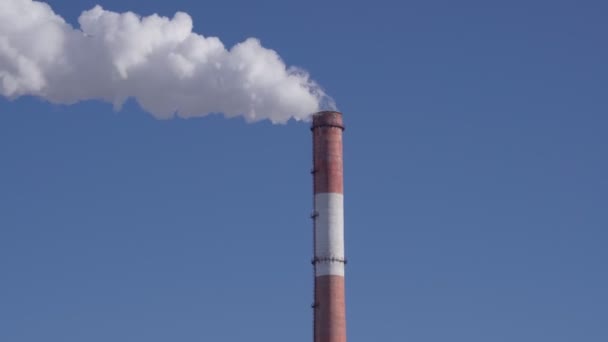 Smoke from industrial pipes close up. against the blue sky. space for text — Stock Video