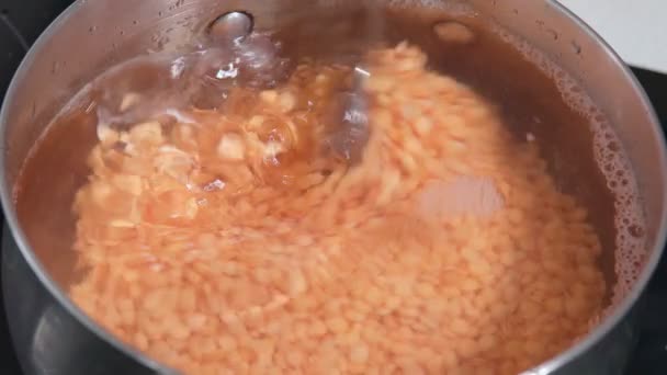 Matlagning traditionell turkisk soppa med lins, ingrediens beredning. Vegansk mat och dietmat. Matlagningsingredienser. — Stockvideo