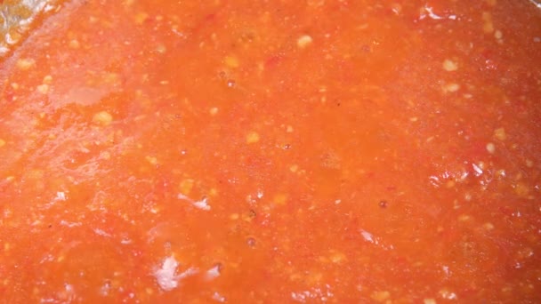 Hot chili sauce is cooked on the stove. ketchup or tomato sauce or soup while cooking — Stock Video