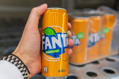Tyumen, Russia-april 21, 2021: Fanta is one of the most famous carbonated soft drink withorangetaste. Sale in supermarkets clipart
