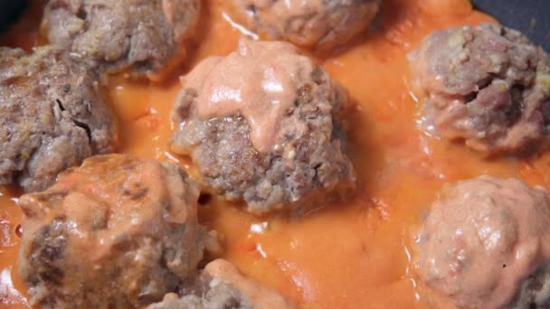 Gehaktballen gebakken op pan hete voedsel bereiding oven met tomatenpuree, tomaten, uien en specerijen. — Stockvideo