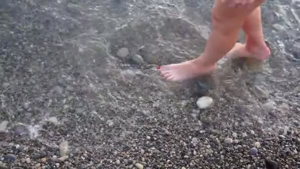 Los pies de la mujer caminan sobre el agua en la playa rocosa del mar — Vídeos de Stock