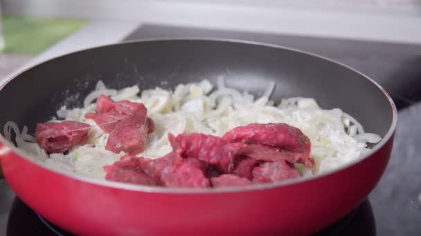 Cocinar la carne de res con cebolla en una sartén stroganoff carne de res. enfoque selectivo — Vídeo de stock