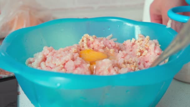 Ingredience na pečení rybích placiček. vejce, sůl, černý pepř, koření. selektivní zaměření — Stock video