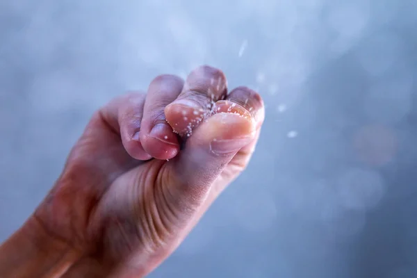 Hand Van Chef Koken Voedsel Het Toevoegen Van Witte Grof — Stockfoto