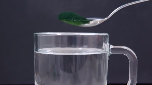 Spirulina grünes Pulver aus nächster Nähe. Algen ergänzen Ihre Ernährung mit Vitaminen und Mineralien. — Stockvideo