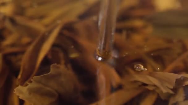 L'eau bouillie versant au bol pour préparer le thé sur la cérémonie traditionnelle. Concentration sélective — Video