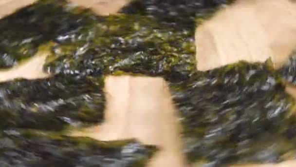 Comida japonesa nori algas secas ou algas comestíveis close-up. Rodar — Vídeo de Stock