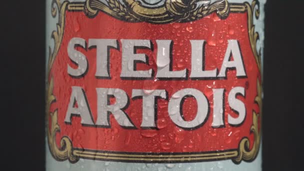 Tyumen, Rusia-May 25, 2021: Stella Artois Beer can closeup logo — Vídeo de stock
