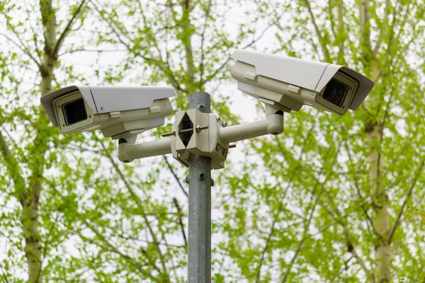 Installation of video surveillance on poles to check the security of the entrance and exit. Selective Focus