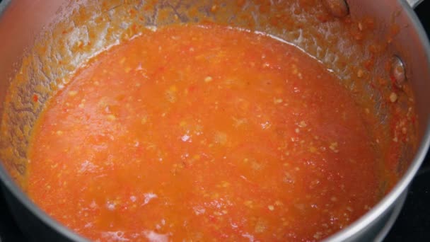 Пряна паста чилі з інгредієнтом містить цибулю, часник і сирий червоний перець чилі. Приготування страви — стокове відео