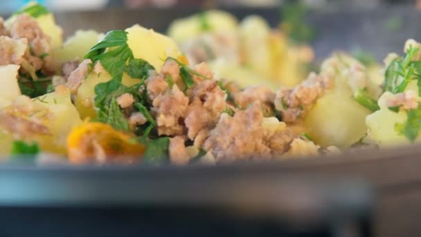 Middag gryta kött bakat med potatis, paprika och zucchini på pan — Stockvideo