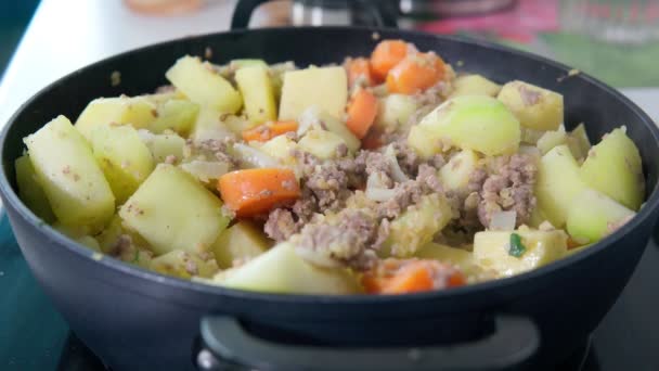 Zubereitung von Eintopf mit Kartoffeln Hackfleisch Zucchini-Karotten. hausgemachtes Ernährungskonzept — Stockvideo