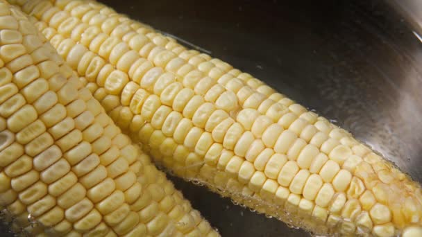 Готовить вареную кукурузу крупным планом. Здоровый завтрак и концепция здорового образа жизни. — стоковое видео