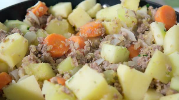 Preparation of stew close up with potatoes minced meat zucchini carrots. homemade food concept — Stock Video