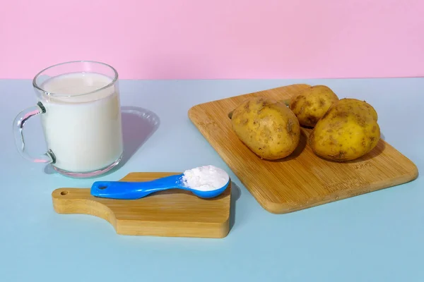 Powdered vegan milk. Potato milk close-up. Selective focus