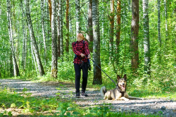 Uma Menina Está Floresta Com Seu Cão Cão Foi Para — Fotografia de Stock