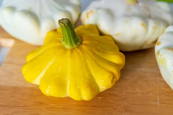 Fresh harvest pattypan squash, yellow squash and pattison