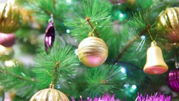 Glowing with different colors, the Christmas garland. Background, new year, Christmas tree — Stock Video