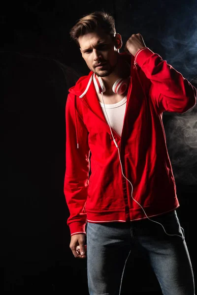 Strong Man Wear Red Hoodie Black Background — Stock Photo, Image