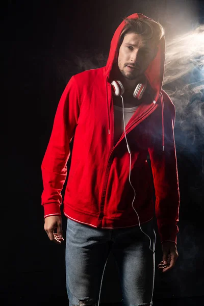 Strong Man Wear Red Hoodie Black Background — Stock Photo, Image