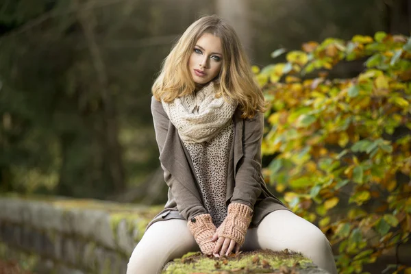 Bella donna elegante in un parco in autunno — Foto Stock