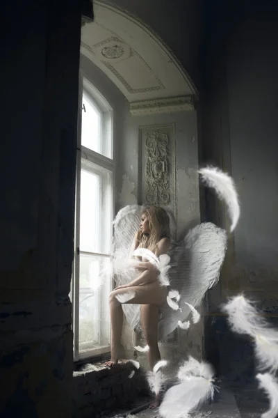 Romantic young beauty as an angel — Stock Photo, Image