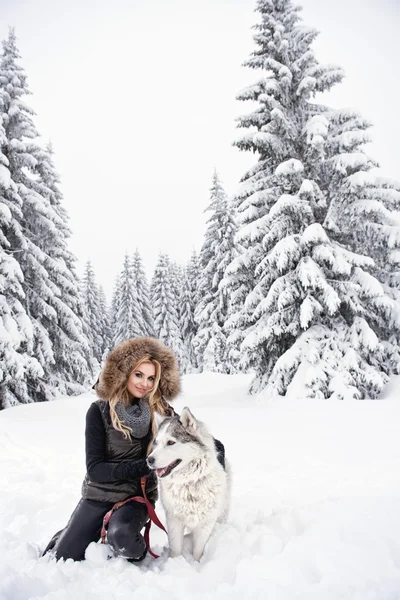 Felice giovane donna che gioca con i cani husky siberiani nella foresta invernale — Foto Stock