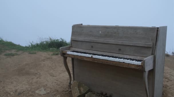 站在悬崖边上 可以看到岩石上的雾气 悬崖边上有一架旧钢琴 青草冲破了岩石 天阴云密布 — 图库视频影像