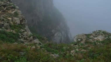 Kayaların üzerindeki bir uçurumun kenarında sisi görebilirsiniz, ve aşağıda denizin dalgalarını görebilirsiniz, yeşil otlar taşların arasından geçer, gün bulutlu ve sisli olur.