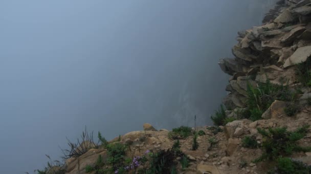Pie Borde Acantilado Las Rocas Puede Ver Niebla Por Debajo — Vídeos de Stock