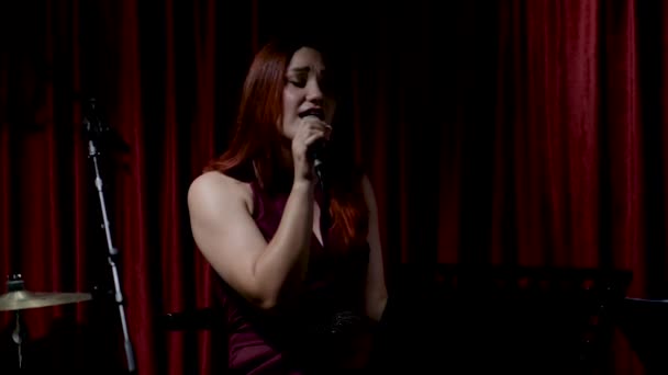 Beautiful Young Girl Red Hair Sings While Sitting Holding Microphone — Stock Video