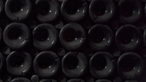 Gros plan de bouteilles de vin couchées dans la pile à la cave. Bouteilles en verre de vin rouge stockées dans des étagères en bois dans une cave en pierre. Cave à vin souterraine intérieure dans la cave — Video