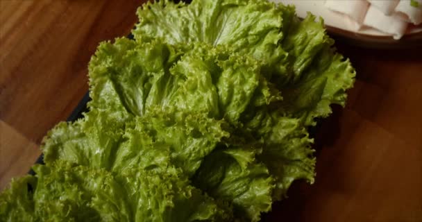 Grill, lezat bistik daging segar besar hanya daun segar dari kebun sayur Salad gerak lambat slide close-up. — Stok Video