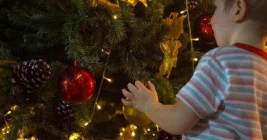 Çocuk, Noel ışıkları ve kırmızı ve sarı toplarla Noel ağacına asılan Noel süslerine seviniyor. Noel ağacını topla süslemek. 4K
