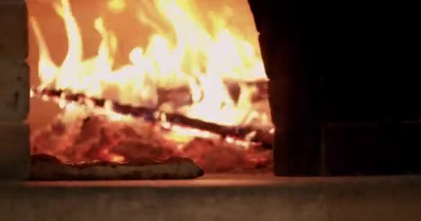 Prüfen Sie die Pizza auf ihre Einsatzbereitschaft, indem Sie sie mit der Pizzaschale aus dem Pizzaofen ziehen. — Stockvideo