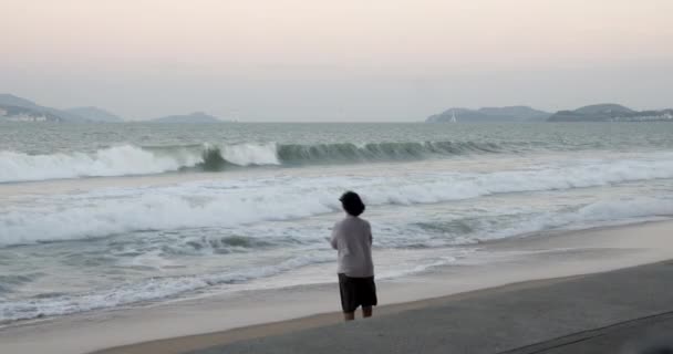 Uma mulher envelhecida com uma máscara protetora por si só desfruta da vista do mar, usando uma máscara covid-19. Conceito de saúde e segurança, coronavírus N1H1, proteção contra vírus, pandemia. — Vídeo de Stock