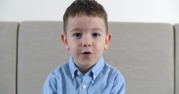 Портрет смешного маленького мальчика, улыбающегося ребенка, смотрящего в камеру, сидящего дома на диване, милого дошкольника с красивым лицом делает удивленное лицо, говорит вау. — стоковое видео