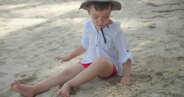 Anak laki-laki riang membangun rumah dari pasir, anak bermain di laut. Kid membangun piramida dengan tangannya dari pasir, anak kecil bermain dengan pasir dengan latar belakang telapak pantai. Happy childhood. — Stok Video