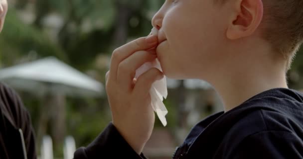 Mamma torkar pojkar mun och händer med en servett. Begreppet regler för etikett, renlighet och följa reglerna för intag av livsmedel.Barnansikte, händer, rengöring och desinficering.Kids händer rengöring. — Stockvideo