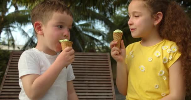 Porträt fröhliche Kinder lächelnde Kinder Glücklicher Junge und kleines Mädchen, die Eis essen und Spaß dabei haben, einander anzusehen. — Stockvideo