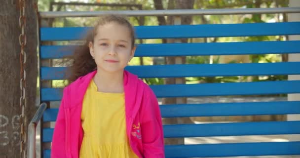 7歳か8歳の可愛い女の子がスイングしてる。晴れた夏の日にスイングするかわいい子供. — ストック動画